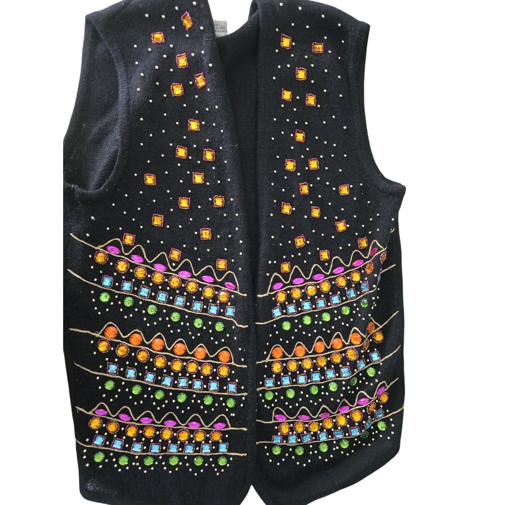 Carducci VTG Lambswool Angora Blend Vest Small Black Artsy Colorful Jeweled